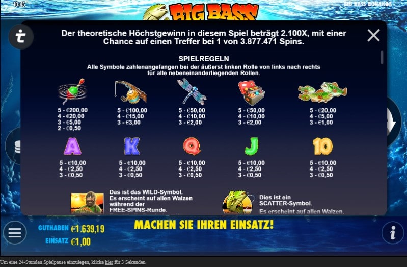 Big Bass Bonanza Slot Gewinntabelle